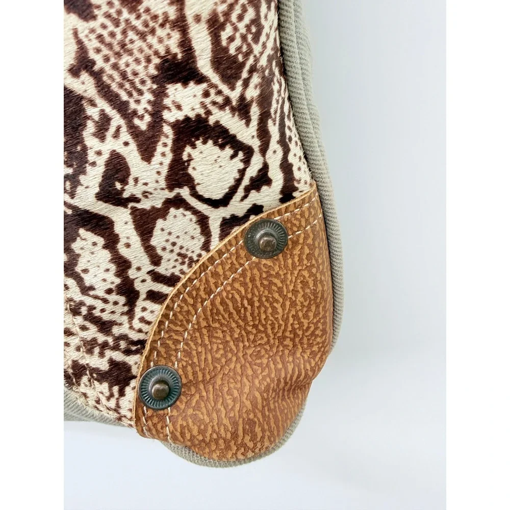 Myrha Large Tote‎ Festival Boho Y2K Upcycled Canvas Leather Brown White Summer